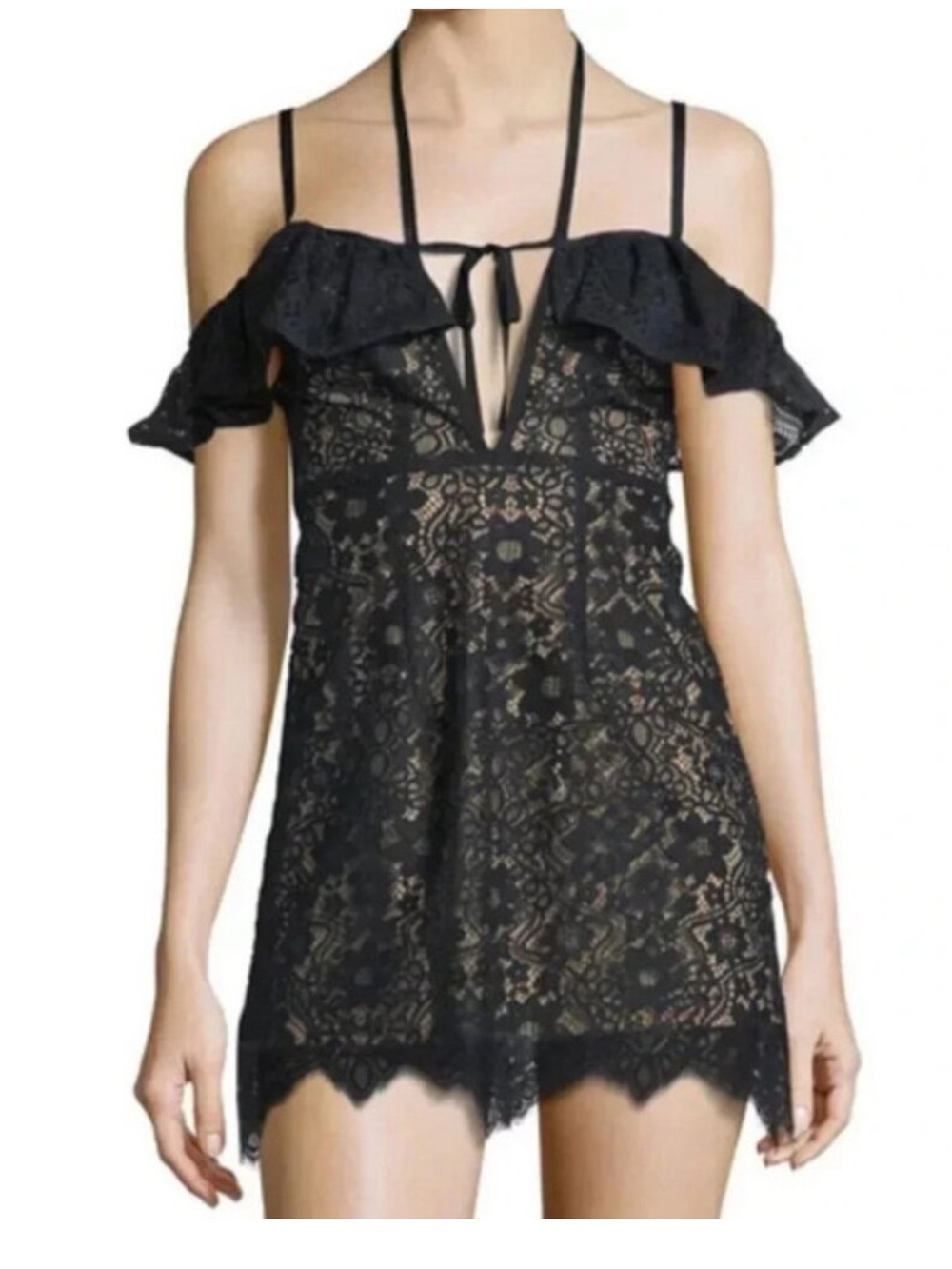 Free People For Love & Lemons Rosemary Mini Dress Lace Halter Off Shoulder Black
